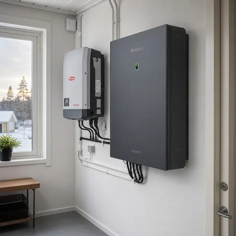Batterilagringssystem installerat i garage bredvid laddbox