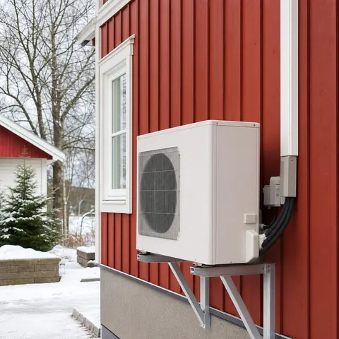 Värmepump installerad utomhus vid villa i vintermiljö